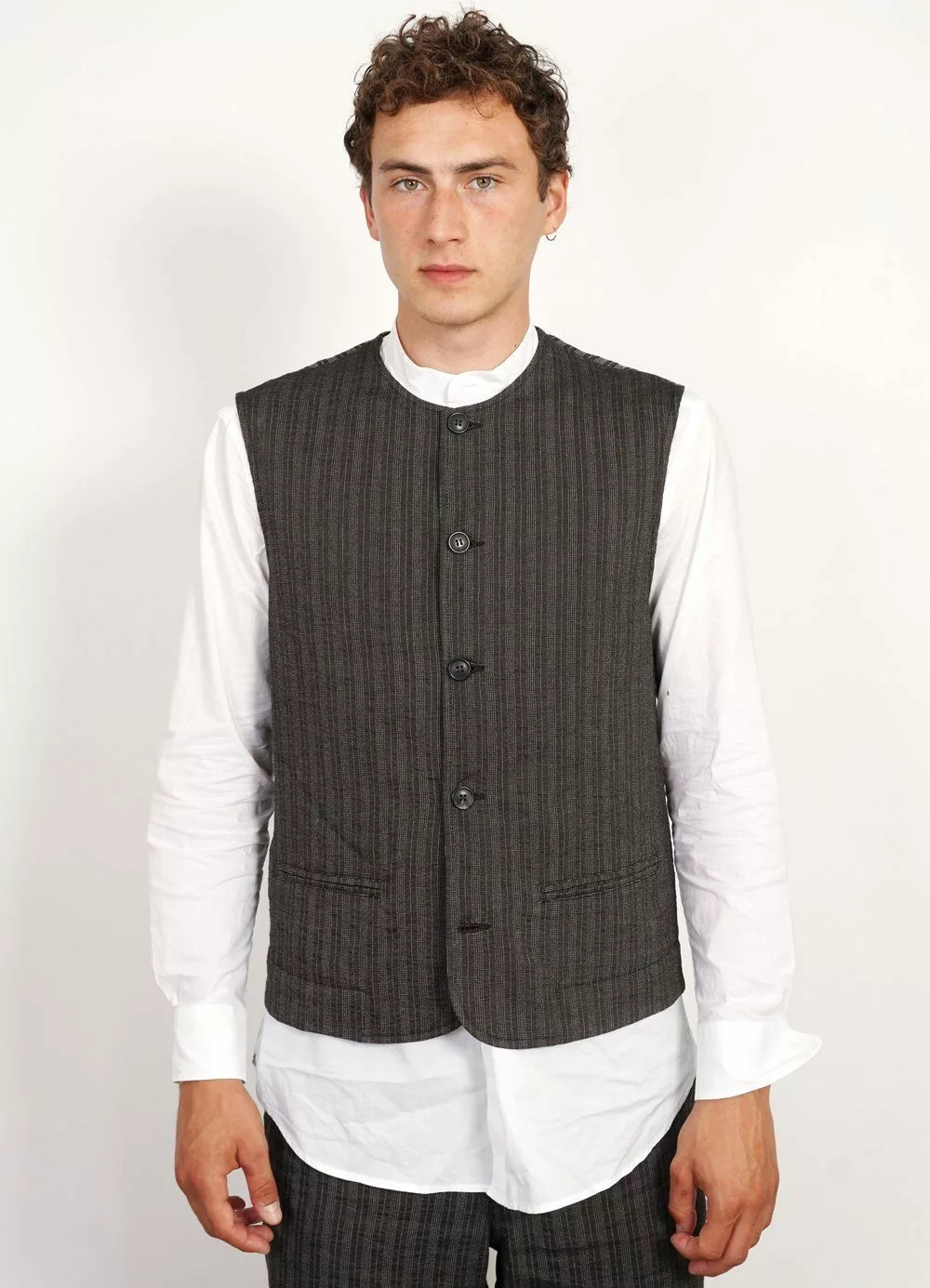 BEN | Crewneck Waistcoat | Taupe Stripes 2 BEN | Crewneck Waistcoat | Taupe Stripes - Image 2